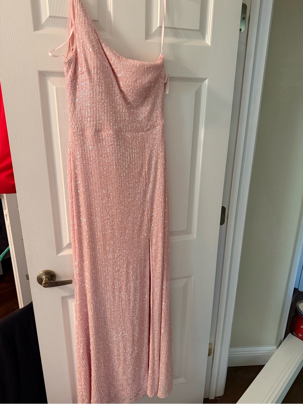 Aqua One-Shoulder Sequin Gown in Light Pink